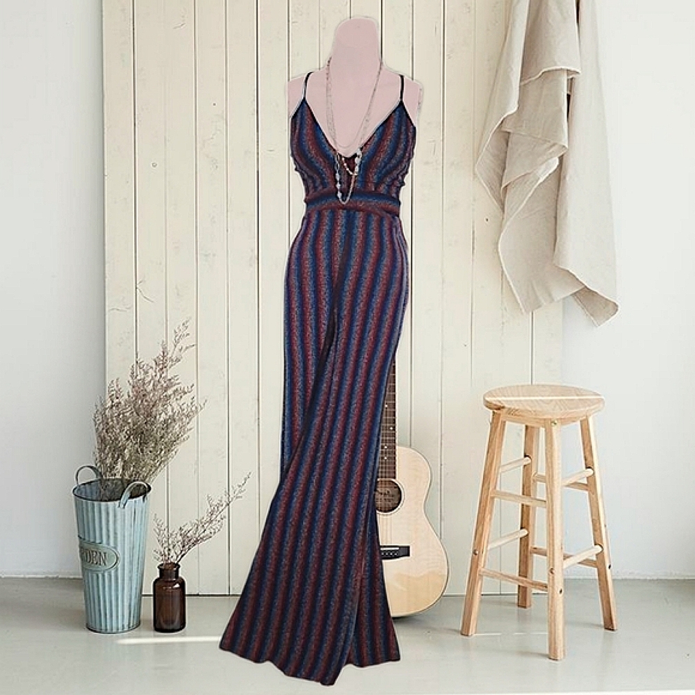 Striped Multicolor Retro 70s Inspired Jumpsuit - Picture 10 of 16